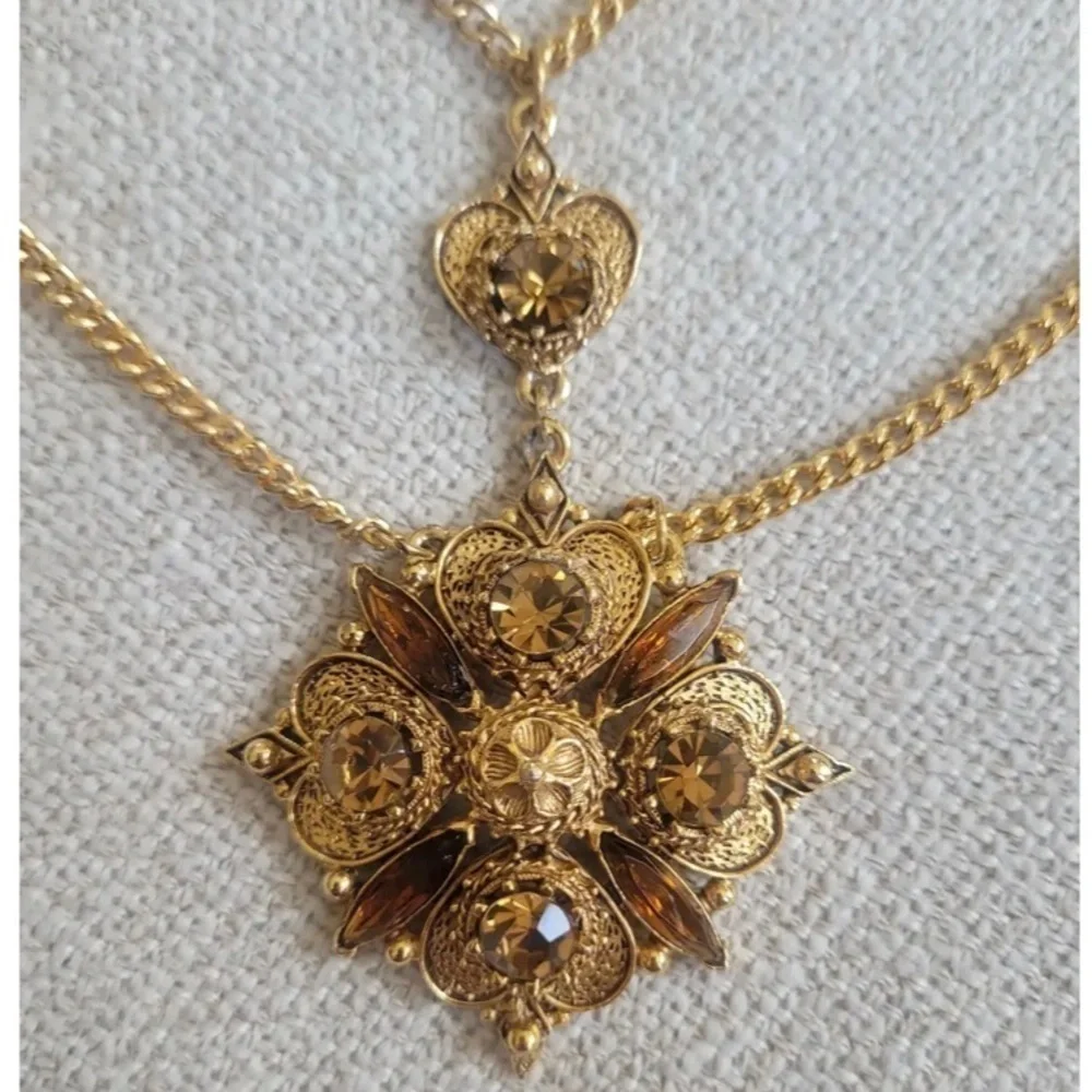 FLORENZA Signed Victorian Renaissance Revival Topaz Rhinestone Necklace